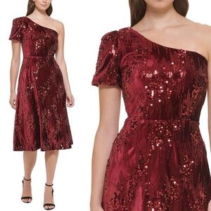 Kensie One-Shoulder Sequin Velvet Midi Dress A-Line Wedding Party Red Sz 6